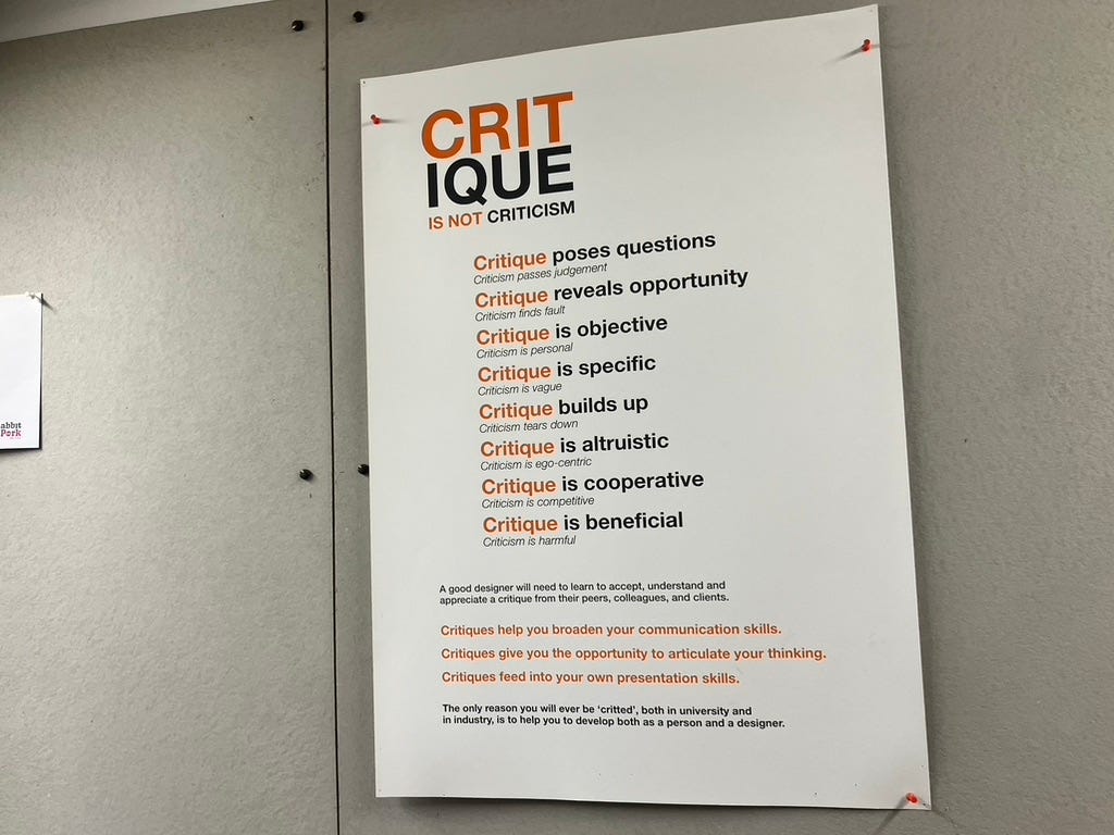 Poster Critique is not criticism Critique poses questions / Criticism passes judgment Critique reveals opportunity / Criticism finds fault Critique is objective/ Criticism is personal Critique is specific / Criticism is vauge Critique bulds up / Criticism tears down Critique is altruistic / Criticism is ego-centric Critique is cooperative / Criticism is competitive Critique is beneficial/Criticism is harmful