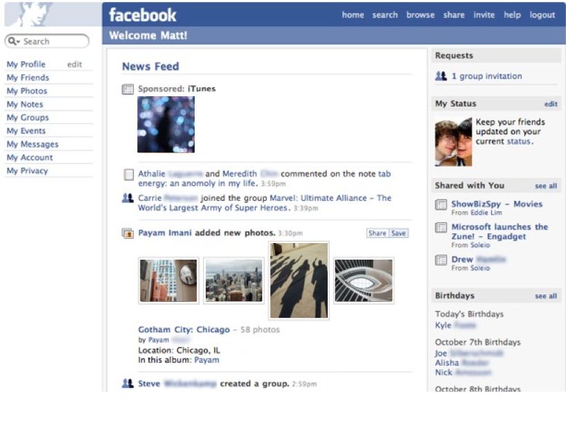 Example of Facebook's newsfeed with people having done activities and added things.
